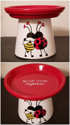 two pictures of the same bowl with ladybugs painted on it, one is red and white