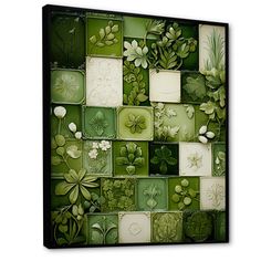 a green and white tiled wall with flowers on it's side, in the shape of squares