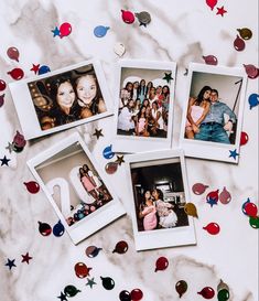 four polaroid photos are laying on a table with confetti