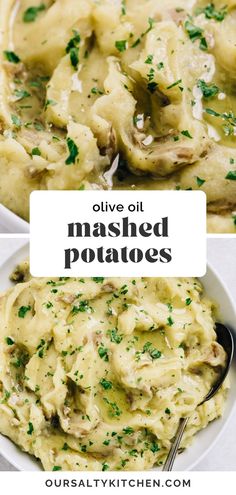 two pictures of mashed potatoes in a white bowl with parsley on top and the words, olive oil mashed potatoes