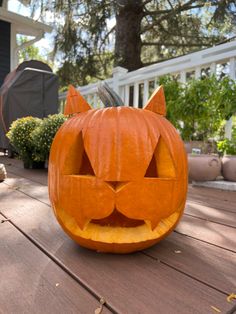 Large orange pumpkin with cat face carved into it with ears pierced into the top Cat Carved In Pumpkin, Simple Cat Jack O Lantern, Easy Pumpkin Carving Ideas Animals, Vet Med Pumpkin Carving, Dog Theme Pumpkin Carving, Pumpkin Carving Designs For Kids, Easy Kids Pumpkin Carving, Pumpkin Carving Ideas Dogs Easy, Kitten Pumpkin Carving