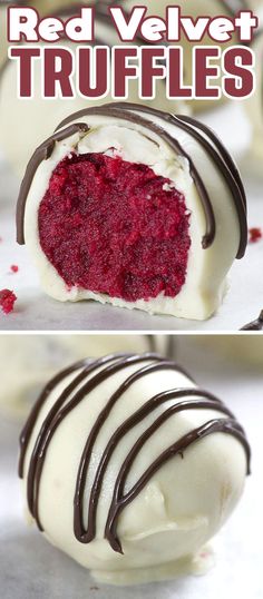 red velvet truffles with chocolate drizzled on top and white frosting