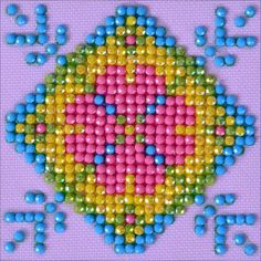 Diamond Dotz rainbow Patchwork Mandala kit end result featuring pink, yellow, green and blue on a light purple background Rhinestone Painting, Diamond Dotz, Tapestry Kits, Diamond Paint, Diamond Embroidery, Cross Stitch Fabric, New Crafts, Art Kit, Dot Painting