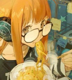 a girl with glasses holding a bowl of noodles