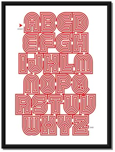 a red and black framed poster with the words abc, h, g, d