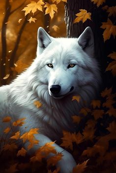 a painting of a white wolf in the woods with autumn leaves around him and his eyes open