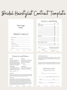 As a makeup artist and hairstylist, I had a difficult time finding a contract that included enough information and space to use for my business. After researching and looking at MANY different contracts, I was able to create a well-organized, detailed Bridal Contract that you can customize to your own business. I spent weeks making this contract for my own business, and I wish I could have purchased it on here so that is exactly why I am posting it!  This contract is a digital file that will be Bridal Contract Template, Hairstylist Client Record, Wedding Hairstylist Kit, Hairstylist Finances, Bridal Hair Contract, Beautician Course Syllabus, Hair Extension Contract, Hairstylist Service List, Bridal Hair Contract Template