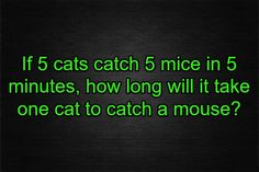 a black background with the words if 5 cats catch 5 mice in five minutes, how long will it take one cat to catch a mouse?