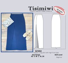 the front and back view of a women's skirt sewing pattern, with measurements for it