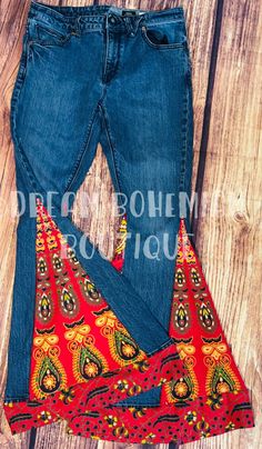 "These are called, \"Prosperity and Passion\" These jeans were created to assist with attracting abundance and prosperity. And they represent our passions and creative outlets. Hippie style denim bellbottoms are a one of kind mandala print flare, bell bottom jeans. **UPCYCLED** All jeans used for this design are UPCYCLED (brands will vary) Below are the color meanings: The color red symbolizes energy, passion, strength, courage, physical activity, creativity, warmth, passion and security. Gold/Y Luxury Denim Blue Flare Bottoms, Luxury Flared Blue Bottoms, Luxury Light Wash Flare Jeans, Luxury Flare Denim Blue Bottoms, Men's High Waisted Flare Jeans, Luxury Denim Blue Flare Jeans For Women, Luxury Light Wash Flare Bottoms, Luxury Designer Pants For Navratri, Affordable Bohemian Denim Bottoms