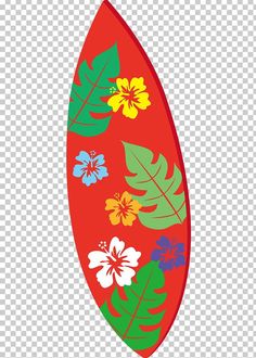 a red surfboard with flowers and leaves on the bottom, against a white background