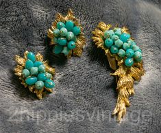 "Vintage Gold Plated Blue Turquoise Stone Demi-Parure Signed Ledo. / Wired on turquoise colored stones on beautiful bright ice like castings. Brooch is 2-1/2\" long by 1-1/4\" wide.   Earrings are 1\" in diameter. Clips work perfectly.  Pin does too. Really pretty demi-parure. We sell select vintage items. They are not new, and rarely look new. They are, in many cases, older than we are.  They have seen life and times. We do not repair or replace parts on any of the items we sell.  They came to Turquoise Stone Earrings, Vintage Moon, Colored Stones, Blue Plates, Vintage Butterfly, Turquoise Color, Blue Turquoise, Stone Earrings, Turquoise Stone