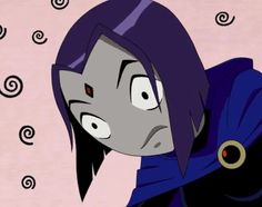 an animated image of a woman with purple hair and black eyes, wearing a blue coat