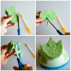 there are four pictures showing how to make a frog hat out of sponge and felt