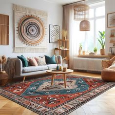 a living room filled with lots of furniture next to a large rug on top of a hard wood floor