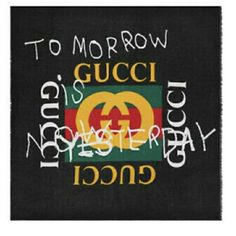 This Gucci Modal Silk Coco Captin Logo Square Scarf Of 85% Modal, And 15% Silk. The Scarf Features Prominent Black, White, Green And Yellow Gucci Logo With The Phrase "Tomorrow Is Not Yesterday" Written In White On A Black Background. Made In Italy, 140140 In Diameter, This Scarf Is A Great Add-On Accessory To Your Wardrobe. New, Never Worn. Thanks For Looking. Gucci Aesthetic Logo, Vintage Gucci Aesthetic, Gucci Shawl, Gucci Aesthetic, Aesthetic Logo, Gucci Scarf, Logo Scarves, Contemporary Eclectic, Designer Scarves