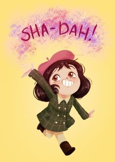 a drawing of a girl jumping in the air with her hat on and words sha - dah above her head