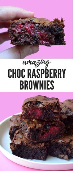 chocolate raspberry brownies stacked on top of each other with the text amazing choc raspberry brownies