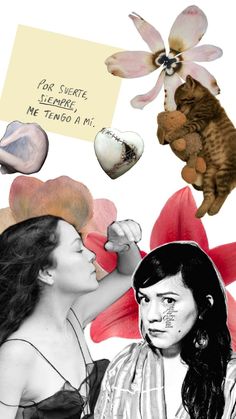 a collage of women with flowers and cats