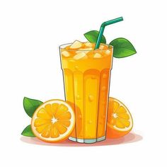 an orange juice in a tall glass with a straw and two slices of oranges