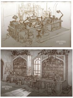 two different views of an old fashioned kitchen and living room in the same drawing style