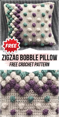 two crocheted pillows with the text, free zigzag bubble pillow