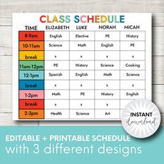 the printable class schedule with 3 different designs for each student to use on their school days