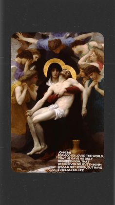 an image of the crucifix being carried by jesus in a painting with words above it