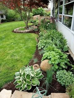 a garden with lots of green plants and rocks in the ground next to a house