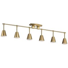 a brass finish track light fixture with four lights on each side and three shades in the middle