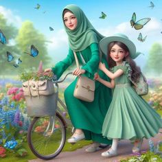 two women in green dresses and hats on a bike with butterflies flying above the woman