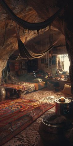 the interior of a cave dwelling with hammocks hanging from the ceiling and rugs on the floor