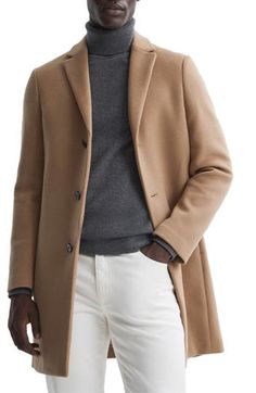 A soft and warm wool blend elevates a handsome overcoat with versatile appeal. 37" length (size Medium) Notched lapels 60% wool, 22% viscose, 18% nylon Dry clean Imported Mens Over Coat, Beige Single Breasted Wool Coat With Notch Lapel, Beige Long Wool Coat With Concealed Placket, Beige Wool Coat With Concealed Placket For Business, Beige Notch Lapel Wool Coat, Beige Wool Coat With Notch Lapel, Beige Single Breasted Wool Coat For Business, Beige Winter Outerwear For Business, Beige Winter Business Outerwear