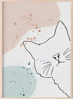 a drawing of a cat on a white and pink background in a wooden framed frame