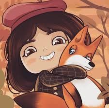 a girl is hugging a fox in the woods