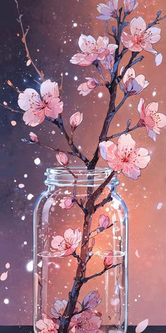 a jar with flowers in it sitting on a table next to a tree branch and falling petals