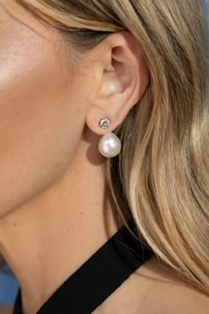 Pearl Earring Jacket Pearl And Diamond Stud Earrings, Pearl Diamond Earring, Diamond Earring Jacket, Pearl Earrings Studs, Pearl Earring Jacket, Diamond Earring Jackets, Earring Jacket, Classy Earrings, Round Diamond Setting