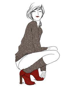 a drawing of a woman sitting on a stool with her legs crossed and wearing red boots