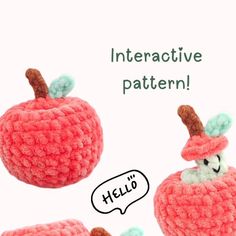 there are two crocheted apples with faces on them and one has a speech bubble