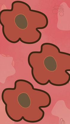 three red flowers on a pink background with brown circles in the center and two black dots at the bottom