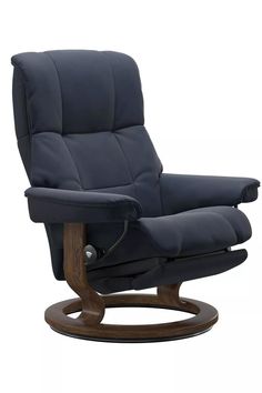 the reclining chair has a wooden base and black leather upholstered backrest