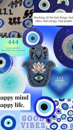 a collage of blue and white items with the words happy mind, happy life