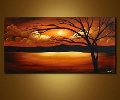 a painting of a tree with the sun setting behind it