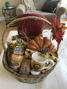 a wicker basket filled with autumn items