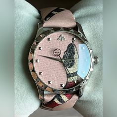 Stunning And Authentic Gucci Le Marche Des Merveilles Pastel Pink Kingsnake Unisex Watch Ya1264083. Stainless Steel Case With A Pastel Pink (Kingsnake Print) Leather Strap. Stainless Steel Bezel. Pastel Pink (Kingsnake Print) Dial With Silver-Tone Hands And Pryamid Hour Markers, Bee On 12 Hours. Dial Type: Analog. Quartz Swiss Made Movement. Scratch Resistant Sapphire Crystal. Pull / Push Crown. Solid Case Back. Round Case Shape. Case Size: 38 Mm. Case Thickness: 8 Mm. Band Width: 20 Mm. Tang Cl Gucci Timeless Leather Watch, Timeless Gucci Leather Watch, Luxury Silver Gucci Watch, Designer Silver Gucci Watch, Silver Designer Watches, Snake Bag, Gucci Watch, Back Round, Unisex Watches