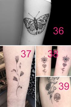 four different tattoos with flowers and butterflies on their legs, all showing the same number