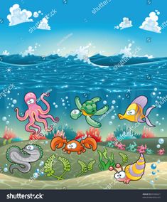 an underwater scene with sea animals and fish