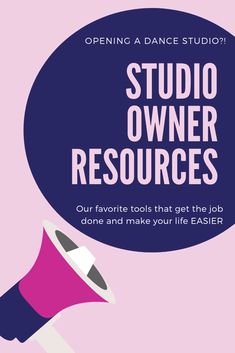 a pink and blue poster with the words studio owner resources