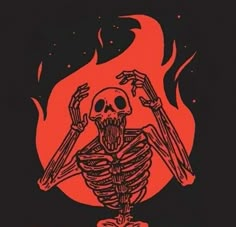 a skeleton sitting in front of a fire with two hands up and one leg bent