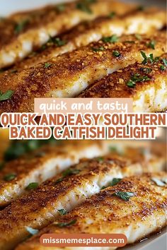 grilled fish fillets on a white plate with text overlay reading quick and easy quick and easy quick and easy southern baked